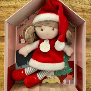 JoliJou Doudou et Campagnie Red and White Holiday Doll with Santa Hat - 9”